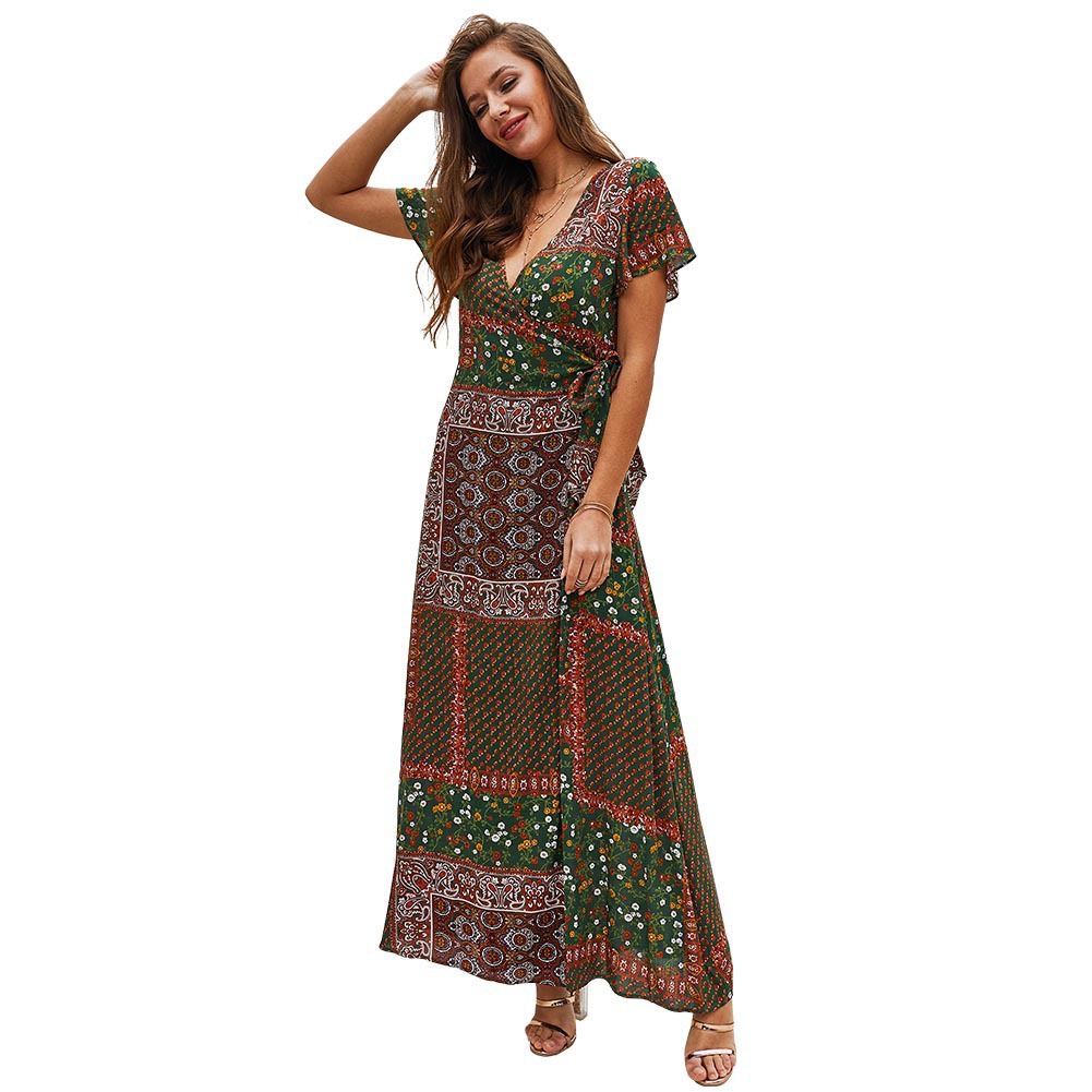 Bohemian V Neck Short Sleeve Dress Summer Collection Unique Design Lightweight Fabric Perfect for Casual Outings