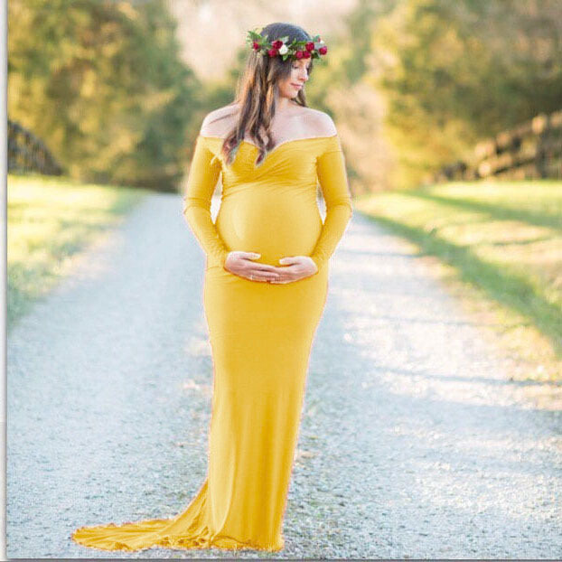 Maternity Long Dress V Neck Silk Cotton Elegant Train Spring Summer Photography Outfit Wholesale Available