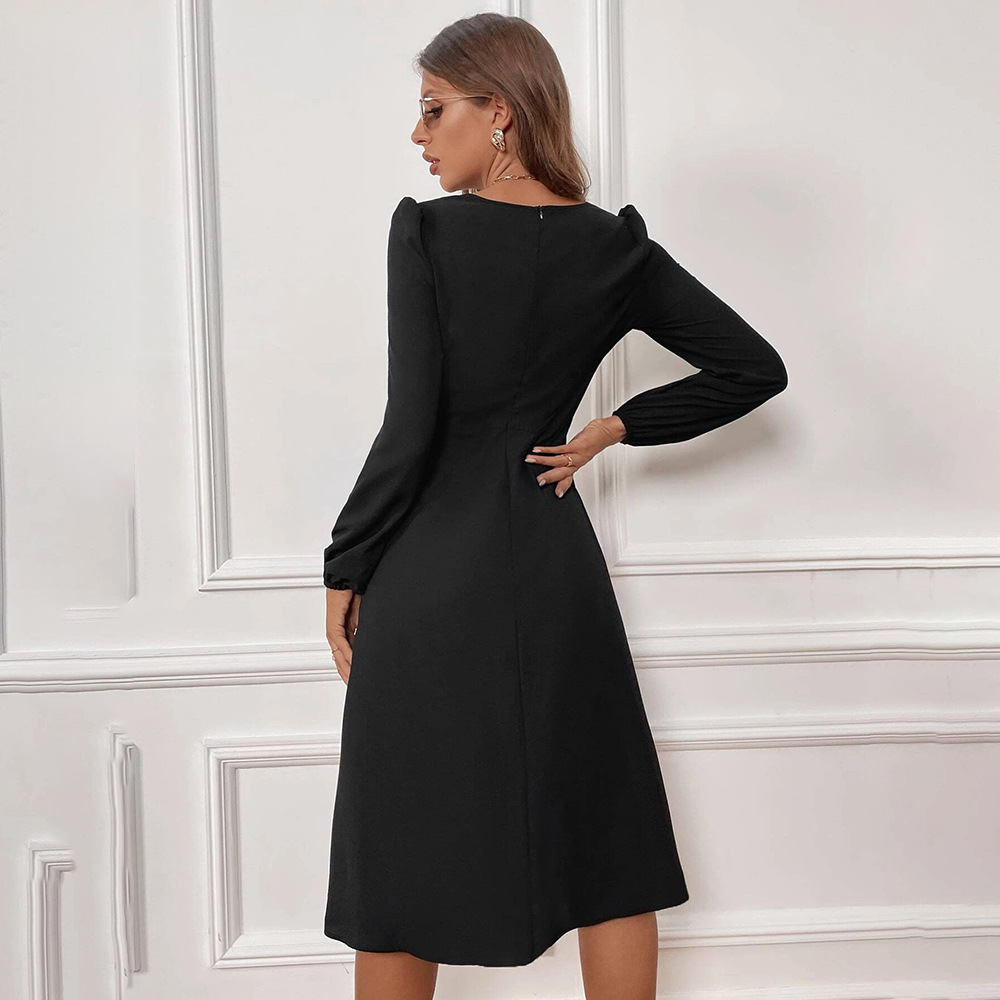 New European and American Women's V neck Split Long Sleeve Dress Slim Fit Mid length Dress