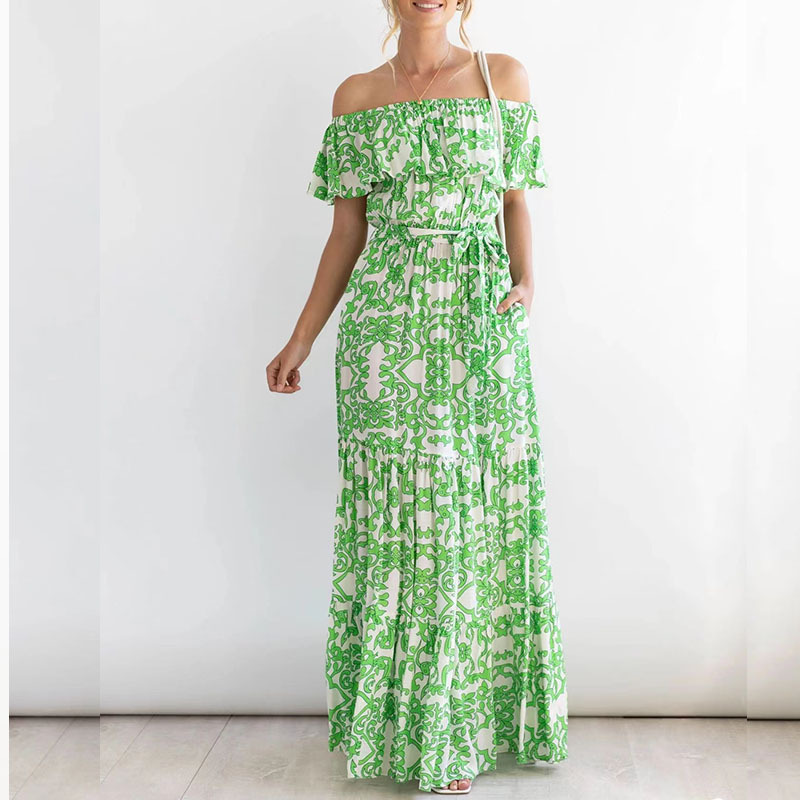European and American Market, Floral Print Off Shoulder Ruffle Sleeve Maxi Dress — Elegant, Trendy, Comfortable — Casual Wear