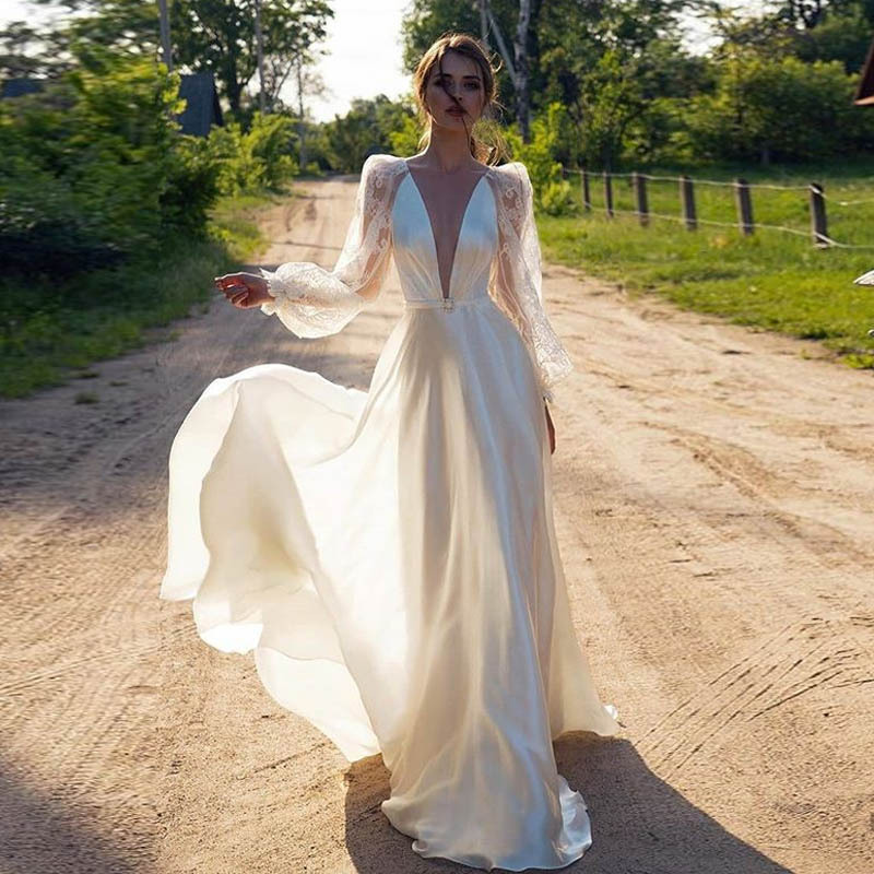 Womens Long Dress Sexy Deep V Neck Lantern Sleeves Elegant Design Perfect for Parties and Special Occasions