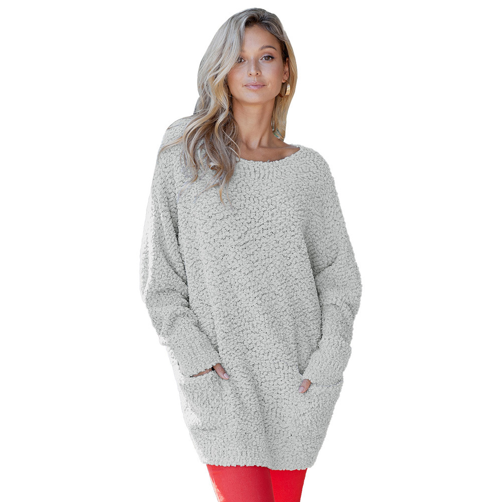 Womens Long Knit Sweater Solid Color Round Neck Long Sleeve Loose Fit Autumn Winter Casual Wear Wholesale