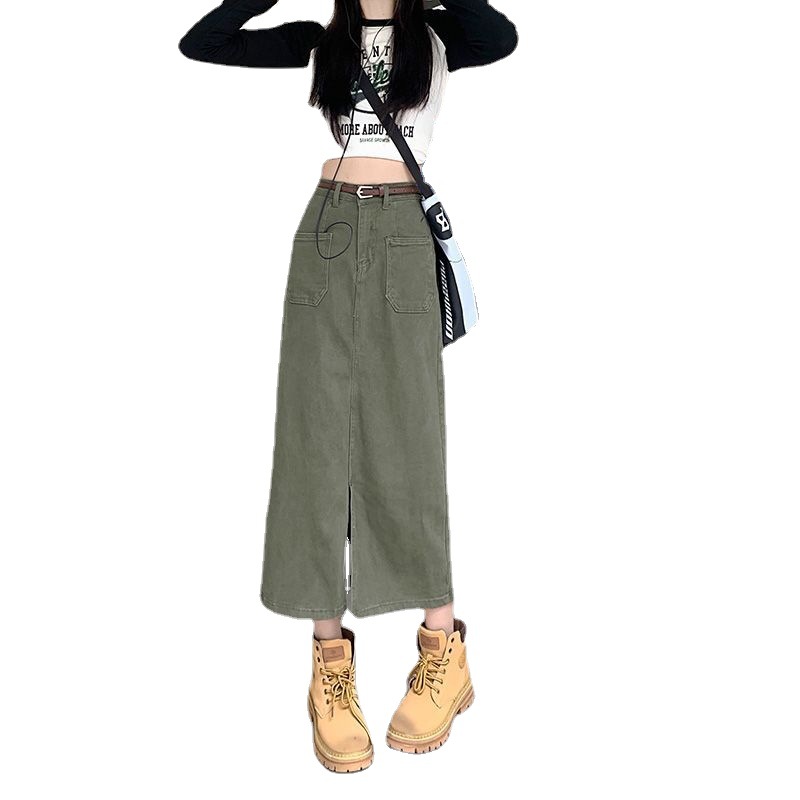 High Waisted A Line Denim Skirt Slimming Fit Vintage Style Mid Length Side Split Perfect for Casual Wear