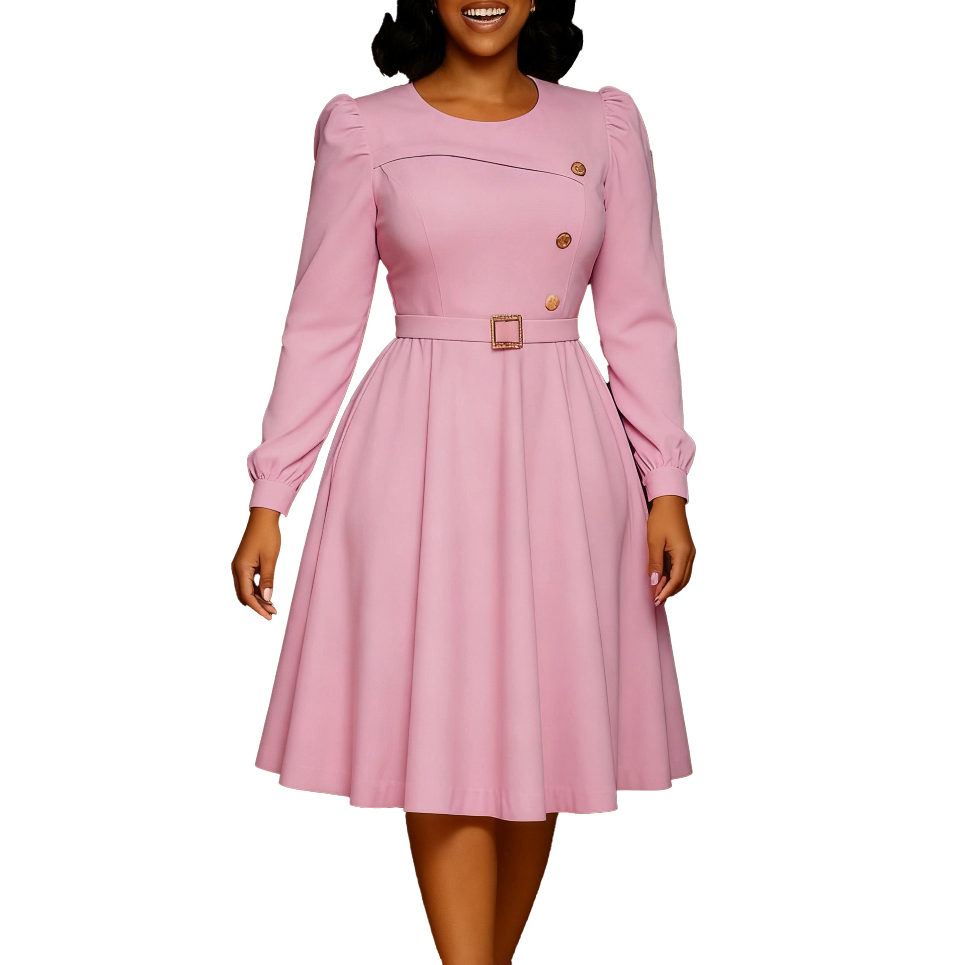 New Style Round Neck Long Sleeve High Waist A Line Dress Elegant Party Solid Color Foreign Trade African Dress
