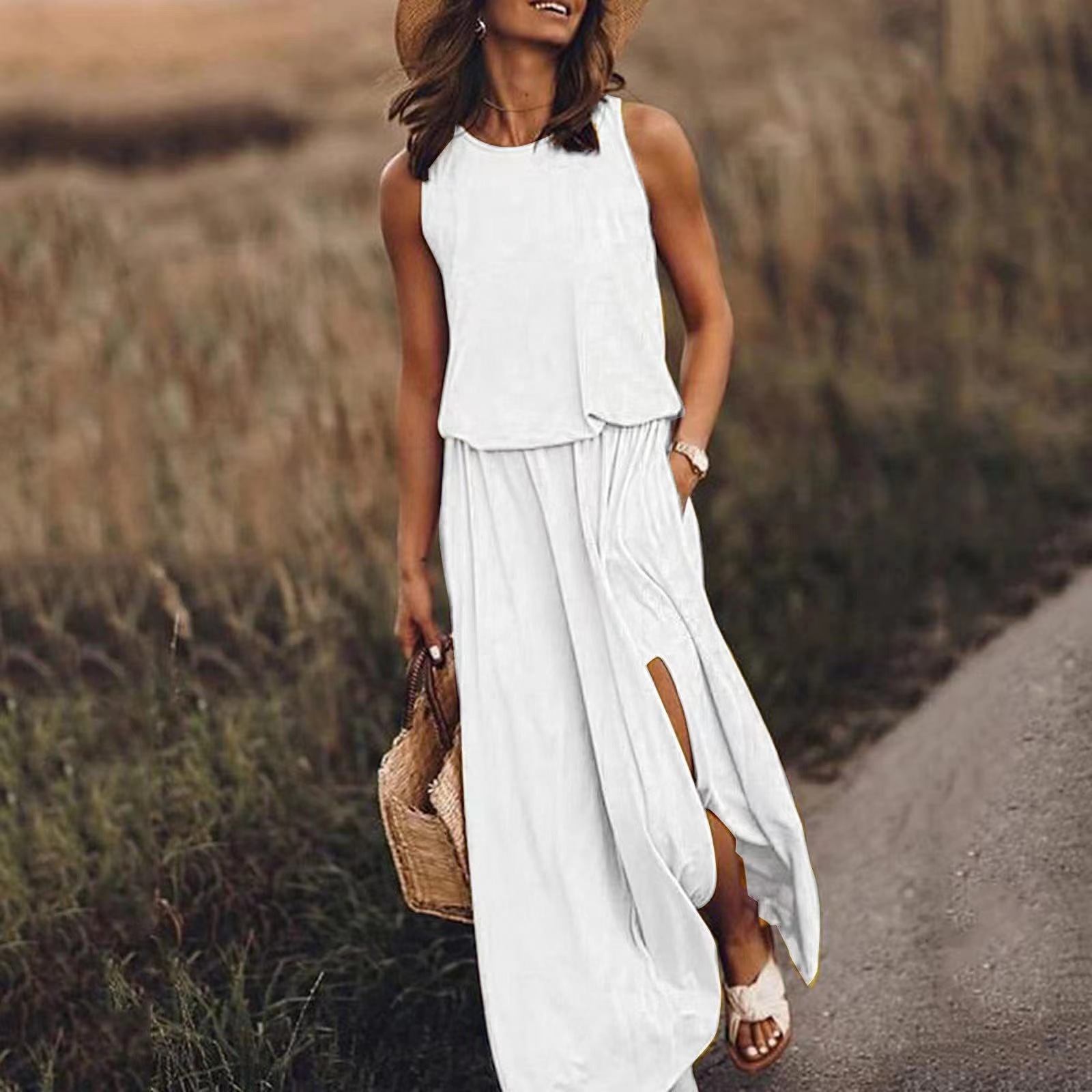 Summer New European and American Vacation Style Solid Color Round Neck Sleeveless Spaghetti Strap Lantern Split Long Dress