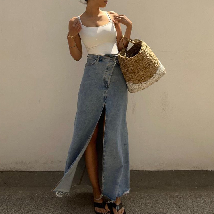 High Waisted Denim Skirt Long Length Vintage Style Side Slit Bodycon Fit Spring and Autumn Fashion Wholesale