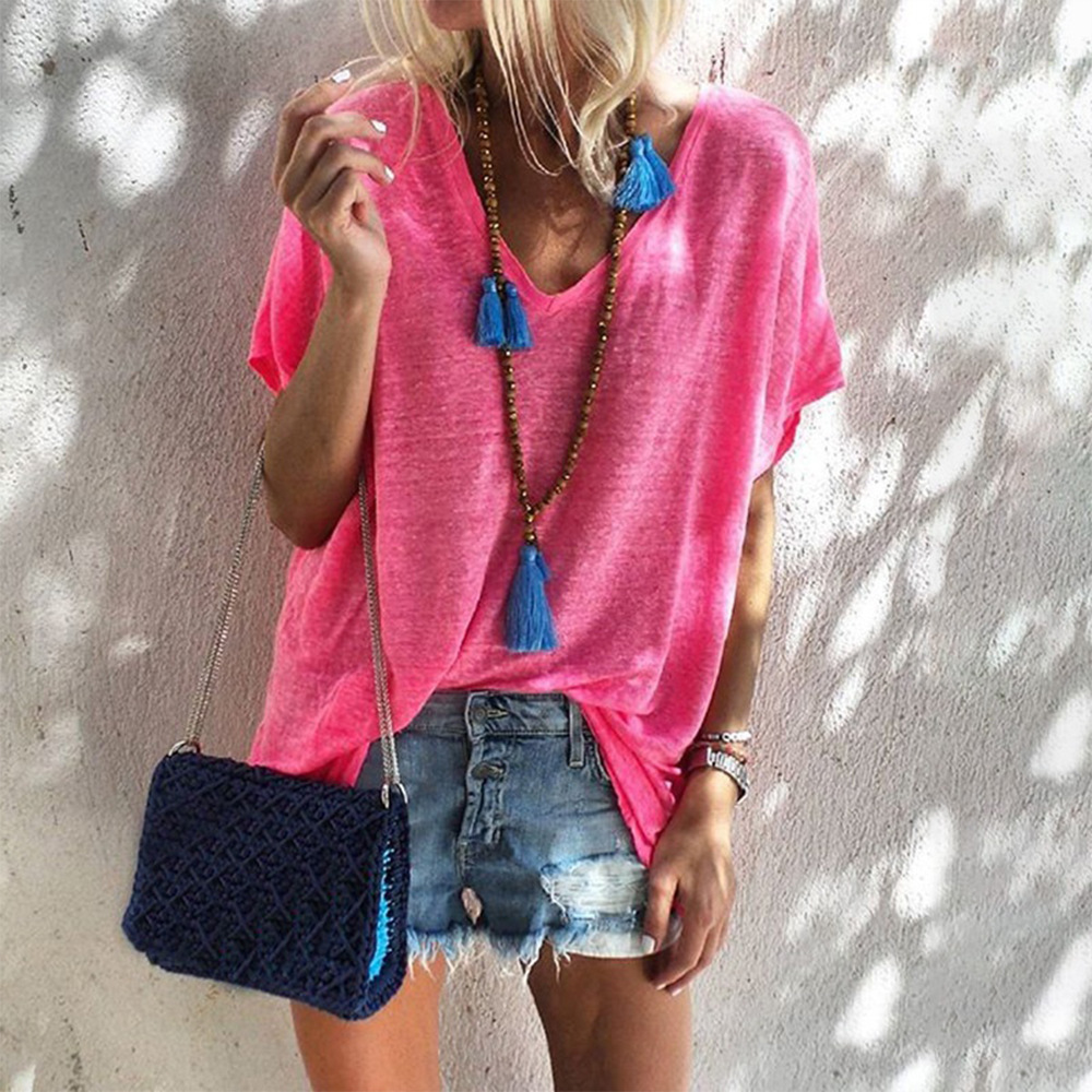 Plus Size Loose Fit V Neck Short Sleeve T Shirt for Women Summer Candy Colors Casual Wear Ready to Ship