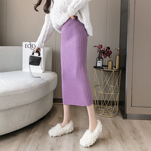 Purple Knitted Midi Skirt High Waist Ribbed Texture Bodycon Fit Autumn Winter Fashion Wholesale Available