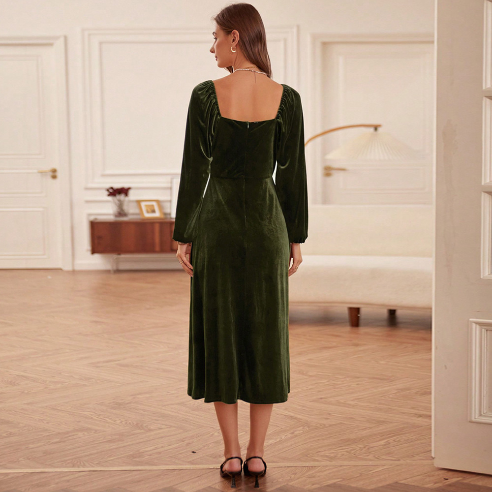 Autumn and Winter New French Retro Slim Fit Square Neck A line Dress Long Sleeve Velvet Dress