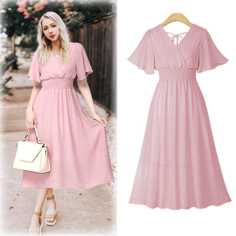 Chiffon Floral Print Dress V Neck Flared Sleeves Slim Fit Summer Casual Wear Wholesale Available