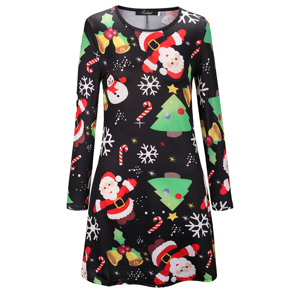 Family Matching Christmas Dresses Long Sleeve Round Neck Printed Casual Autumn Winter Style Wholesale Available