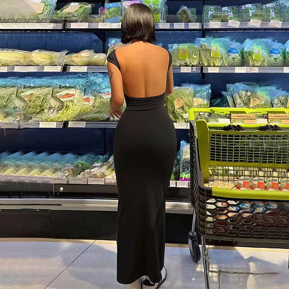 European and American Cross border Women's Sexy Backless Slim Waist Party Long Dress