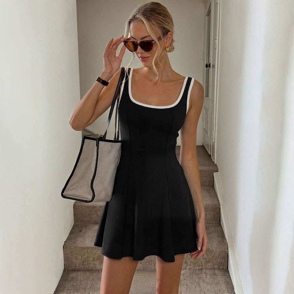New Summer Sports Style U Neck Sleeveless Color Block Slim Fit A Line Short Tennis Dress