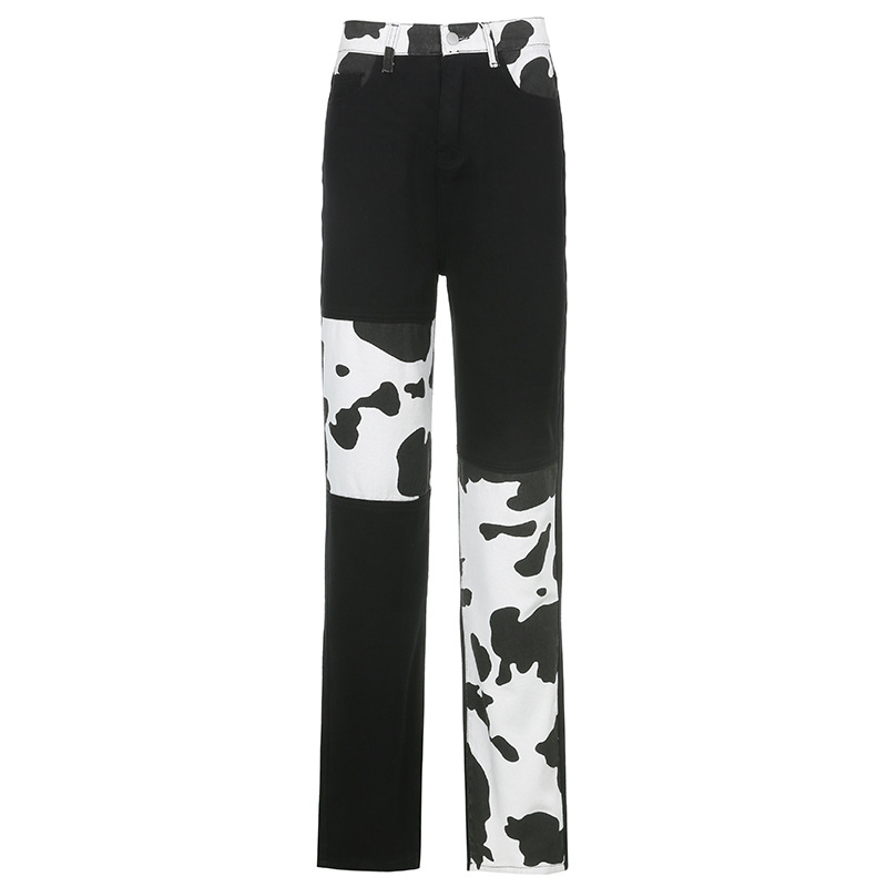 High Waisted Color Block Straight Leg Jeans Sexy Loose Fit Cow Print Design Casual Fall Fashion for Women Wholesale