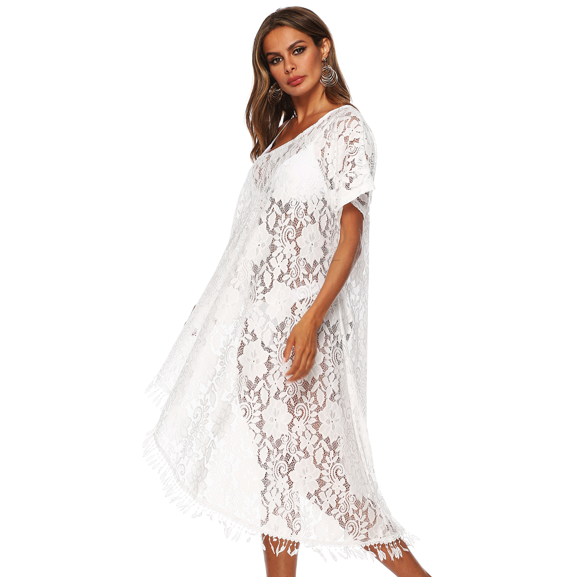Lace Tassel Off Shoulder Dress Solid Color Asymmetrical Hem One Shoulder Design Beachwear for Summer Wholesale