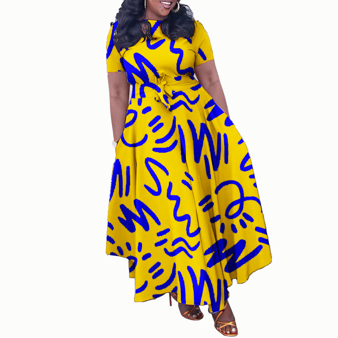 Fashionable Women's Short Sleeve Dress with African Print, Elegant Tie Design, Flared Hem, Ideal for Cross Border Trade