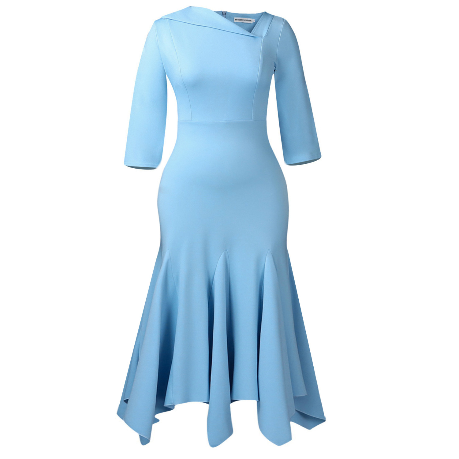 Fashionable Elegant Asymmetrical High Waist Dress with Slanted Neckline and Three Quarter Sleeves for Women, Cross Border Styl