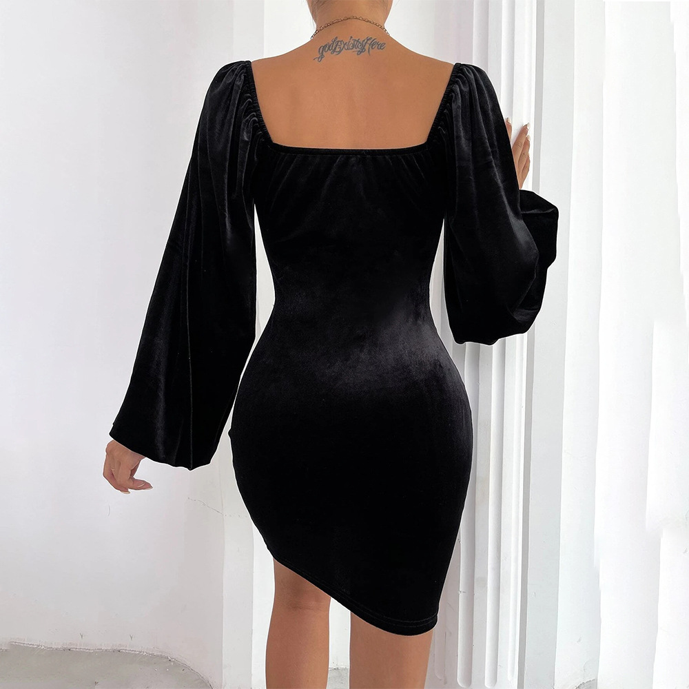 Sexy Hollow Out Round Ring Slim Waist Elegant Puff Sleeve Velvet Dress