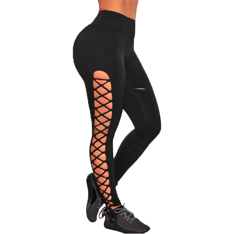 High Waisted Side Tie Plus Size Leggings Hollow Out Design Casual Stretch Fabric Fashionable Sportswear for Women