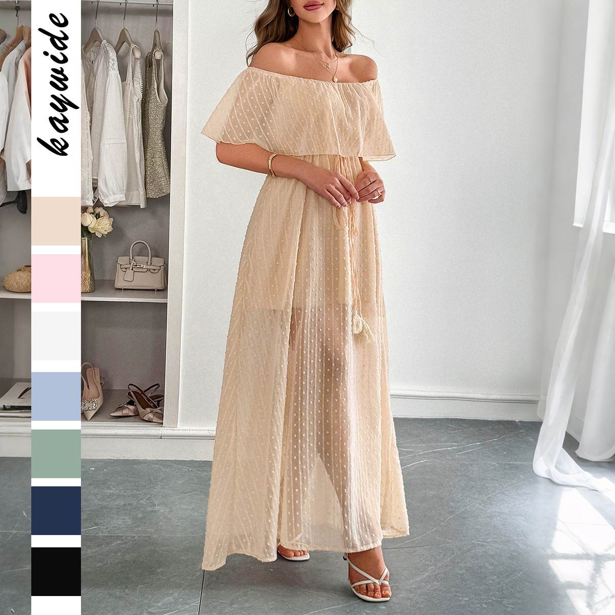 Elegant Strapless Waist Defined Short Sleeve Long Dress for Women Summer