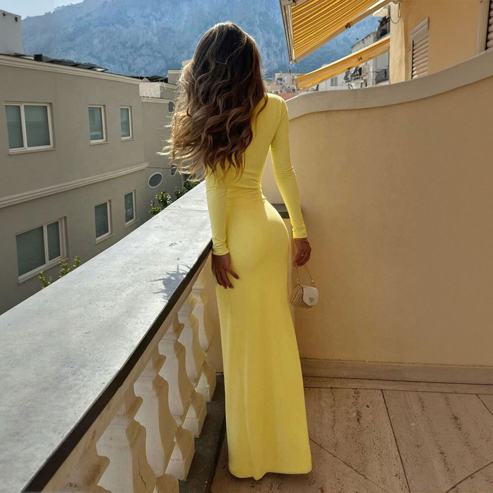 Autumn and Winter New Sexy Low cut Lace Round Neck Long Sleeve Slim Dress for Women
