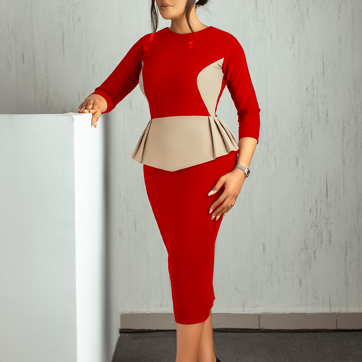 Color Block Bodycon Dress Elegant Fashionable Office Wear Autumn Winter Collection Wholesale Available