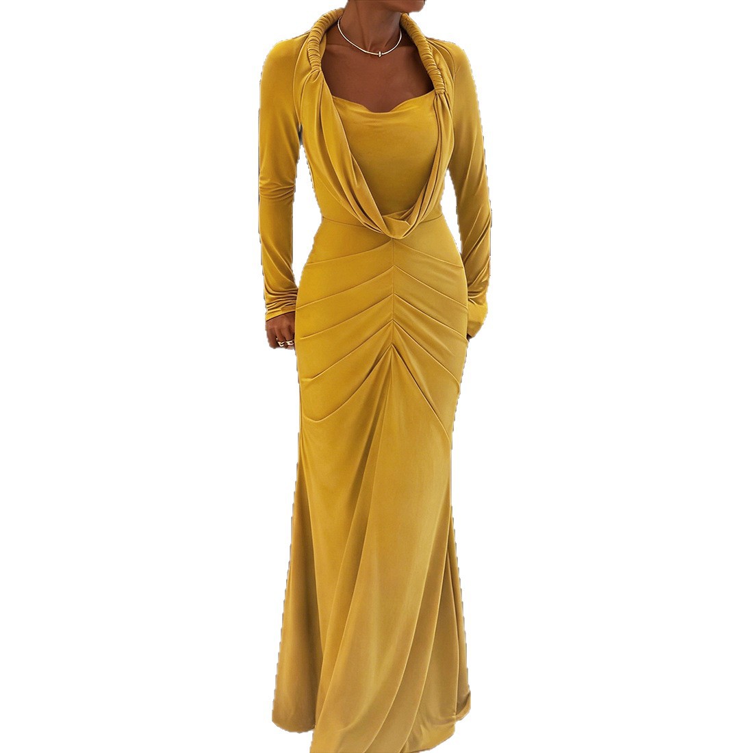 European and American Cross border New Autumn and Winter Women's Fashion Elegant High Neck Solid Color Slim Long Dress