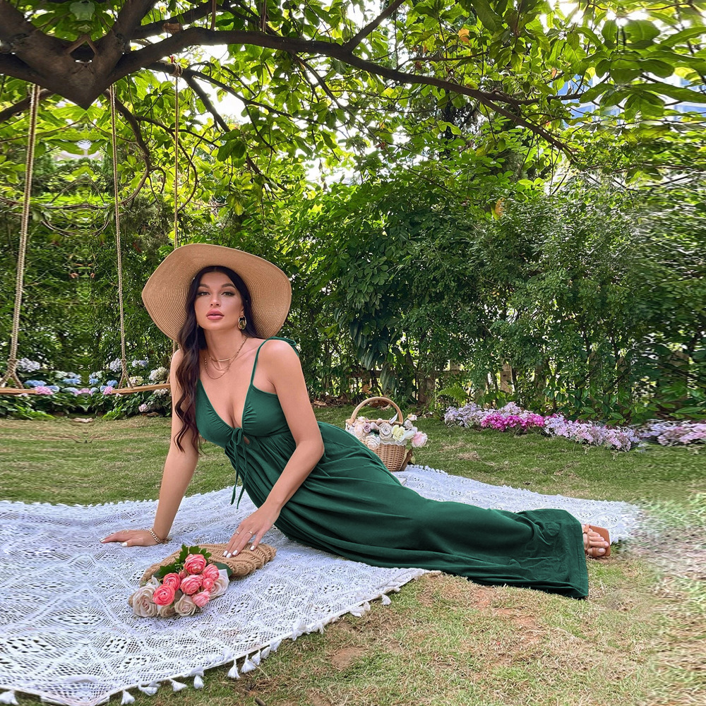 New European and American Style Vacation Beach Long Dress Sexy Backless Waist Slim A line Strap Dress