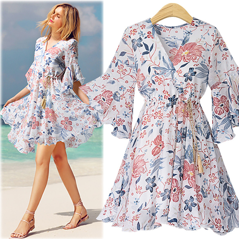 Plus Size Chiffon Floral Dress Loose Fit V Neck Waist Cinching Casual Wear for Petite Women Ready to Ship