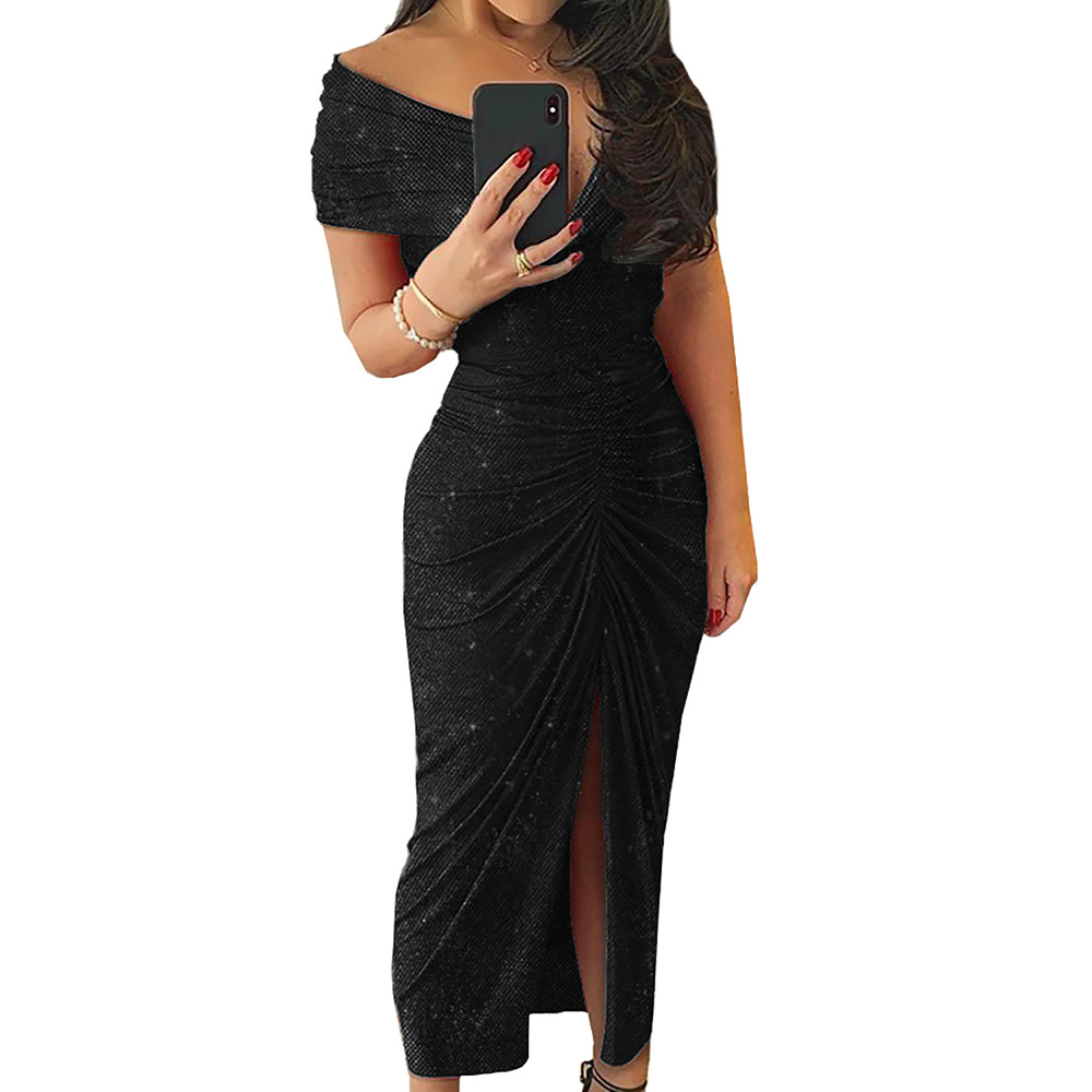Elegant Evening Dress V Neck Short Sleeve Sequin Side Split Formal Events Parties Wholesale Available