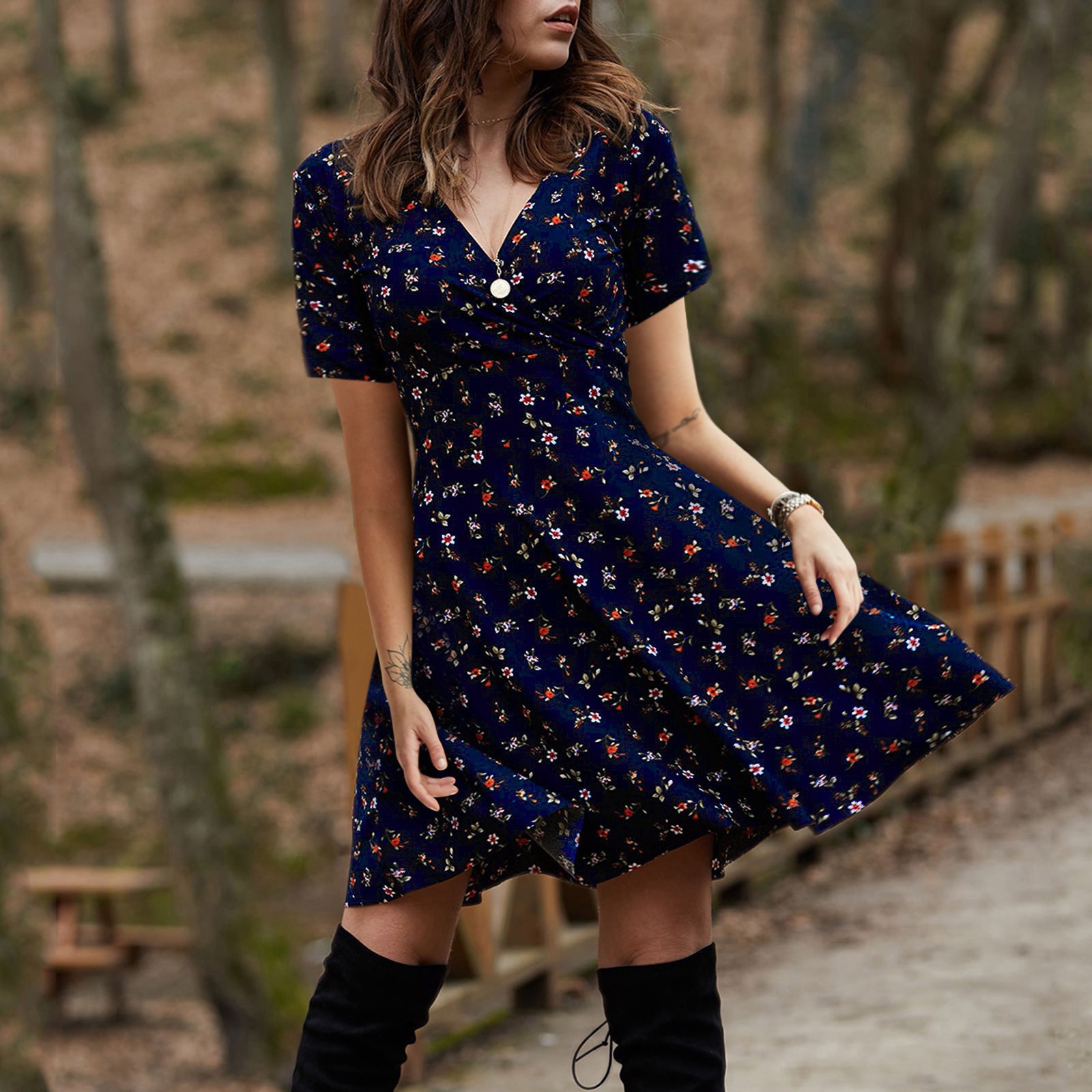Womens Vintage Floral Maxi Dress Elegant V Neck Short Sleeve Flared Silhouette Casual Summer Wear Wholesale