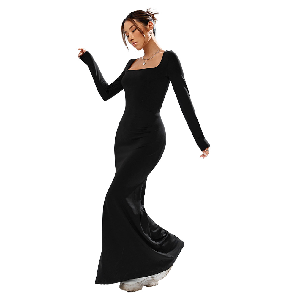 Black Knitted Long Sleeve Bodycon Long Dress with Square Neck for Party and Evening