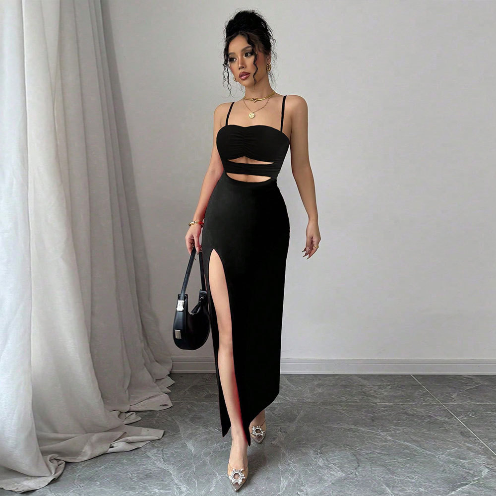 New European and American Style Women's Hollow Sexy Strap Dress Summer Simple Black Banquet Long Dress