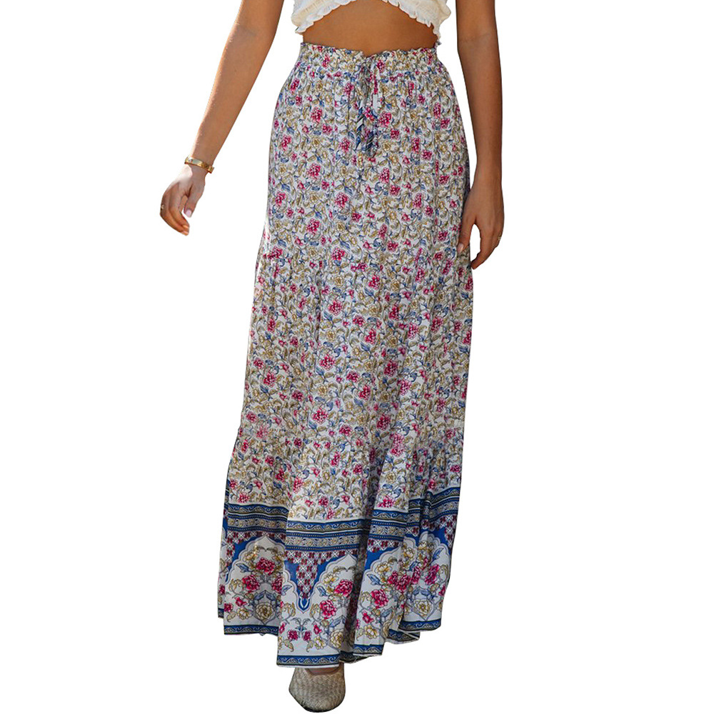 Vintage Floral Print High Waisted Pleated A Line Skirt for Women Elastic Waist Tie Detail Retro Style Perfect for