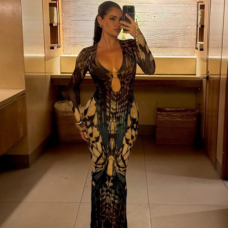 European and American Cross border Autumn New Women's Fashion Ring Buckle Splicing Long Sleeve Low Neck Bodycon Split Dress