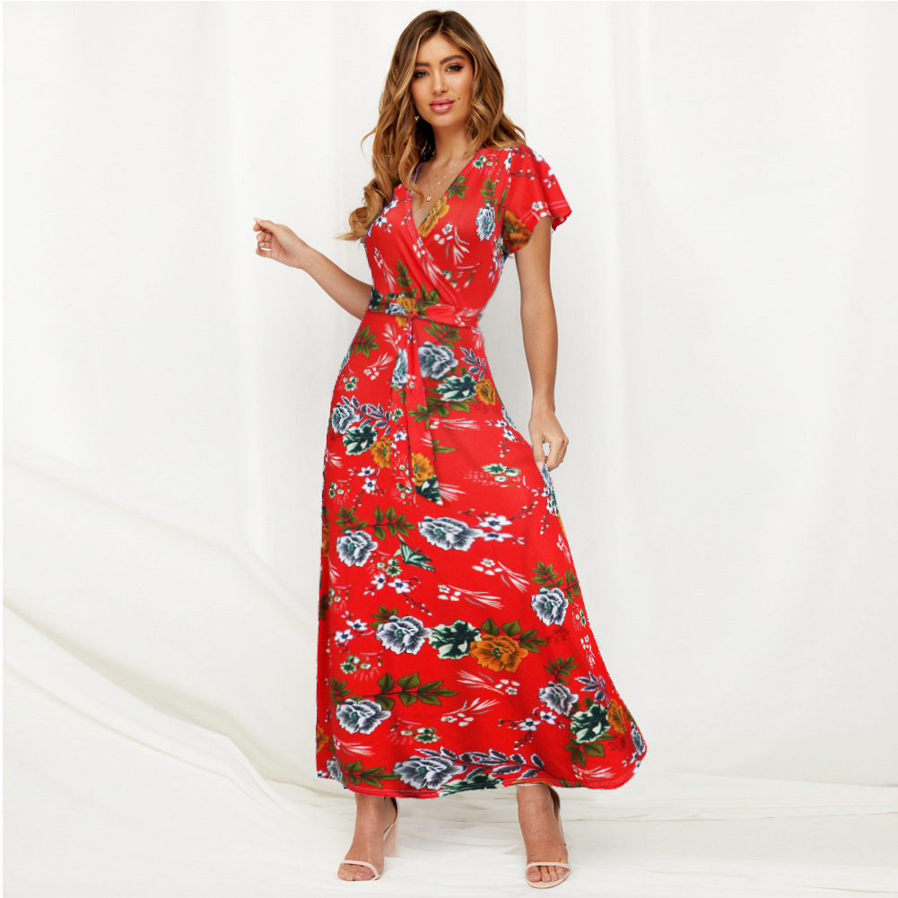 Bohemian Floral Maxi Dress V Neck Tie Detail Summer Style Perfect for Beachwear or Casual Outings Wholesale