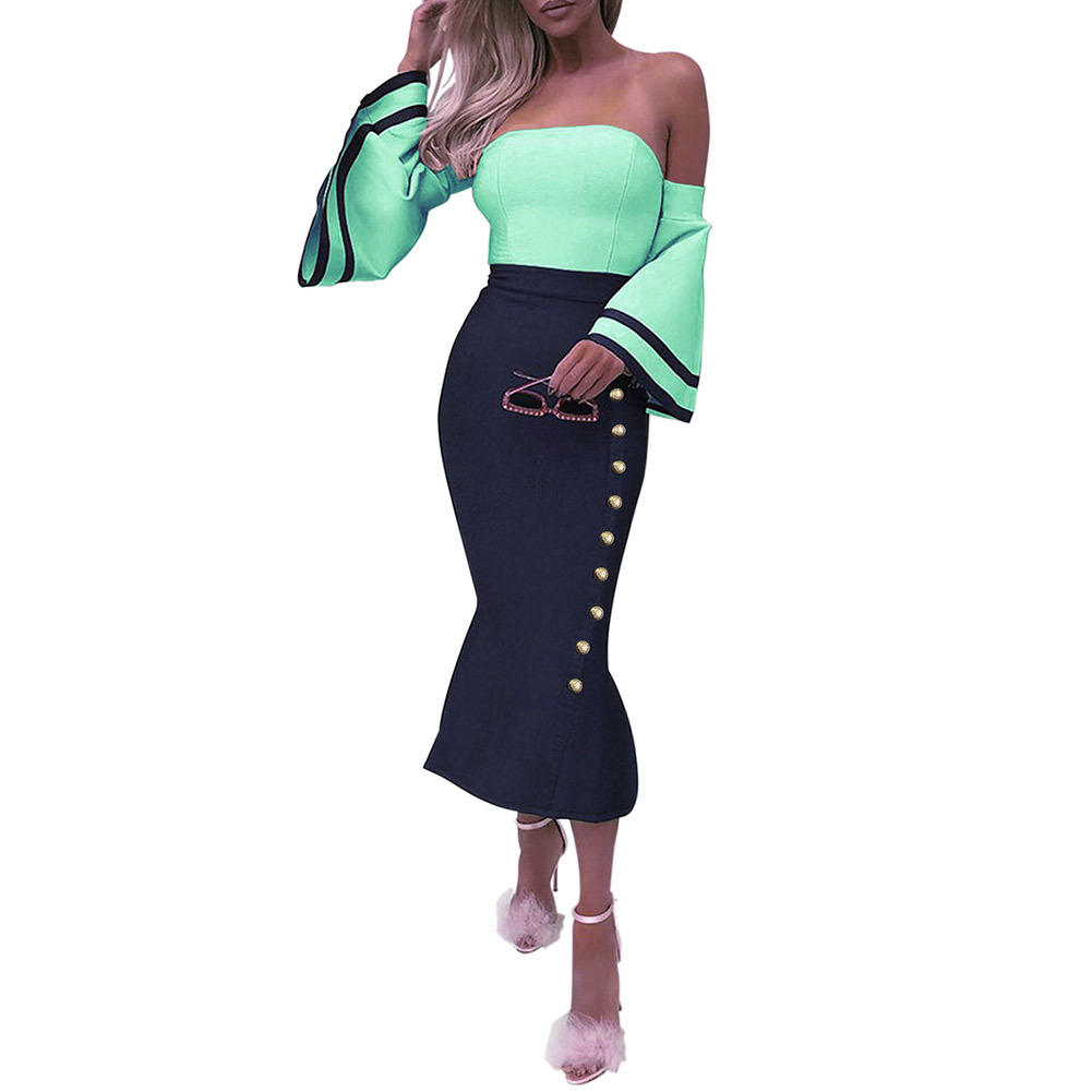 Elegant Off Shoulder Midi Dress Sexy Strapless Flared Sleeves High Waist Perfect for Cocktail Parties Wholesale