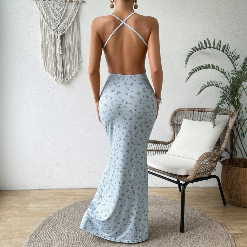 Spring Summer New Cross border Women's Sweet Floral Spaghetti Strap Dress Halter Backless Slim Long Dress