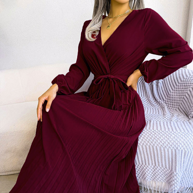 Summer Casual High Waist Pleated Dress Solid Color V Neck Cross Back Design Perfect for Outdoor Events Wholesale