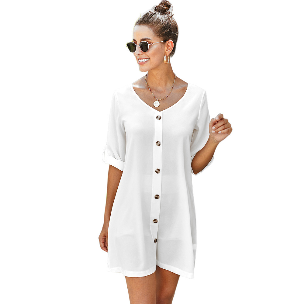 Womens A Line Dress Loose Fit V Neck Button Design Three Quarter Roll Up Sleeves Plus Size Autumn Fashion