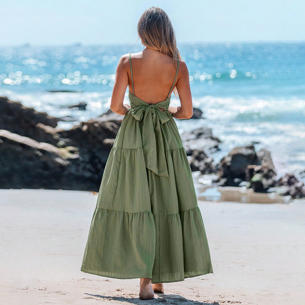 New Green Backless Tie Vacation Style Beach Maxi Dress