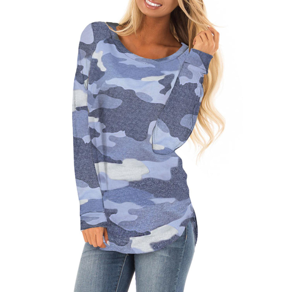 Camouflage Print Long Sleeve T Shirt for Women Regular Fit Round Neck Knit Fabric Autumn Casual Wear Wholesale