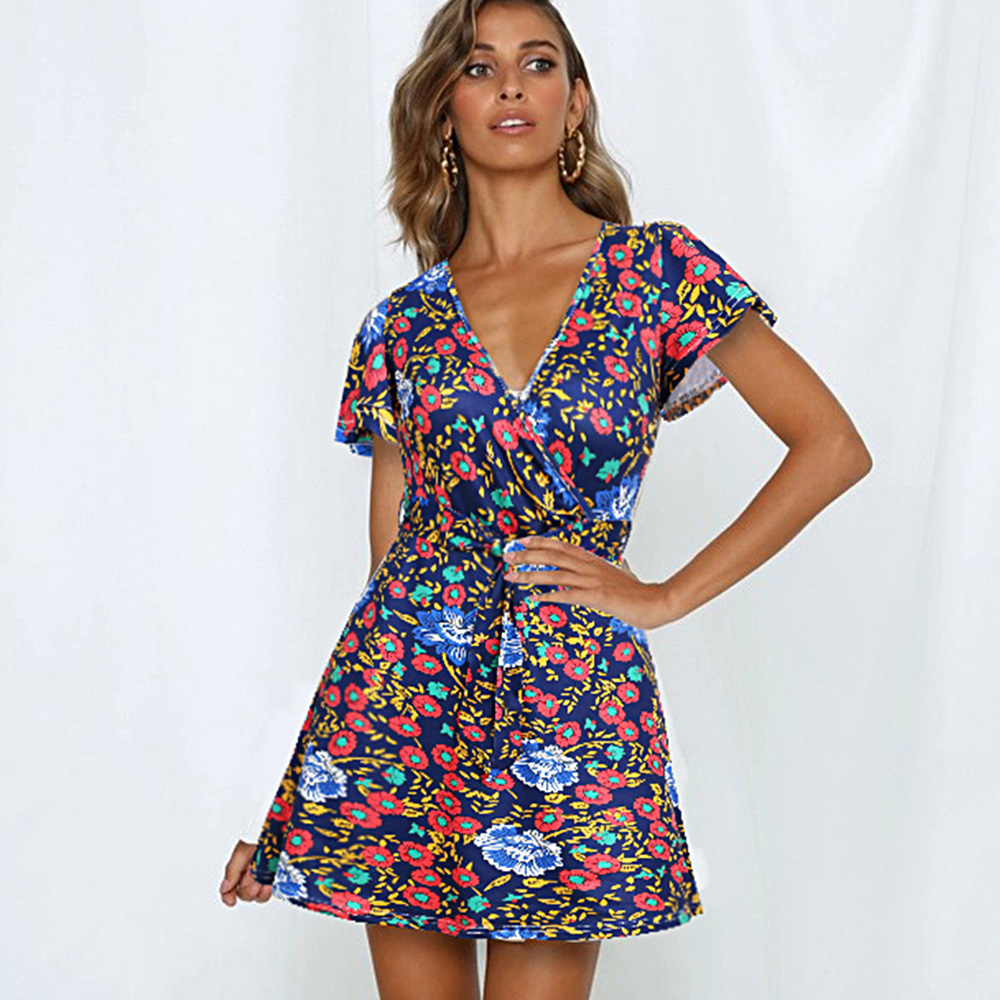 Floral Short Sleeve Maxi Dress V Neck A Line Comfortable Fabric Summer Casual Wear Wholesale Available