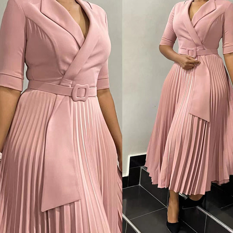 Plus Size Women's Fashion Dress with Suit Collar, Pleated Waist Design, Ideal for Fall and Winter, Stylish OL Look for African