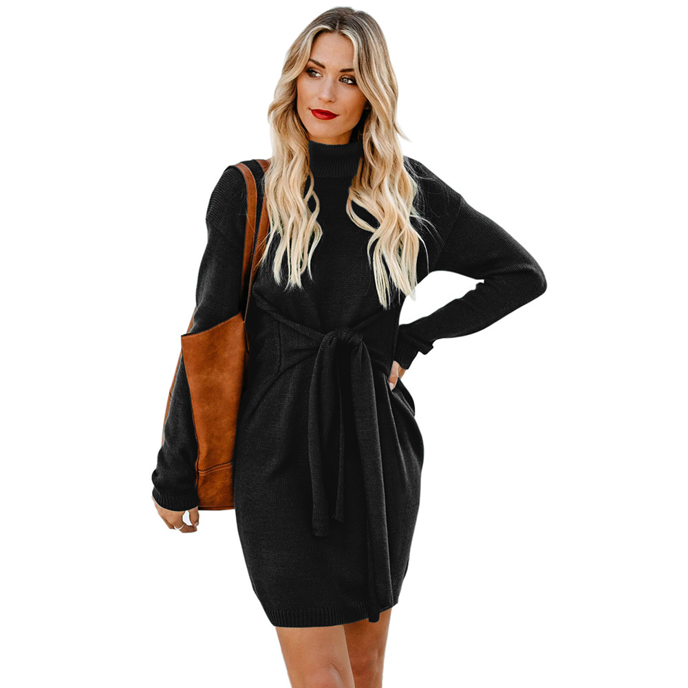 High Neck Long Sleeve Sweater Dress Womens Autumn Winter Fashion Waist Tie Design Wholesale Available