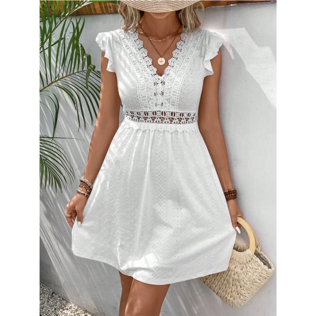 Knit Jacquard Hollow Out Dress Elastic Sheer Lace Butterfly Sleeves Spring Summer Fashion Wholesale Available
