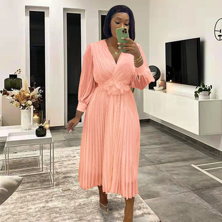 Long Sleeve Solid Color Pleated Dress Waist Defining Elegant Design Perfect for Casual or Formal Occasions Wholesale