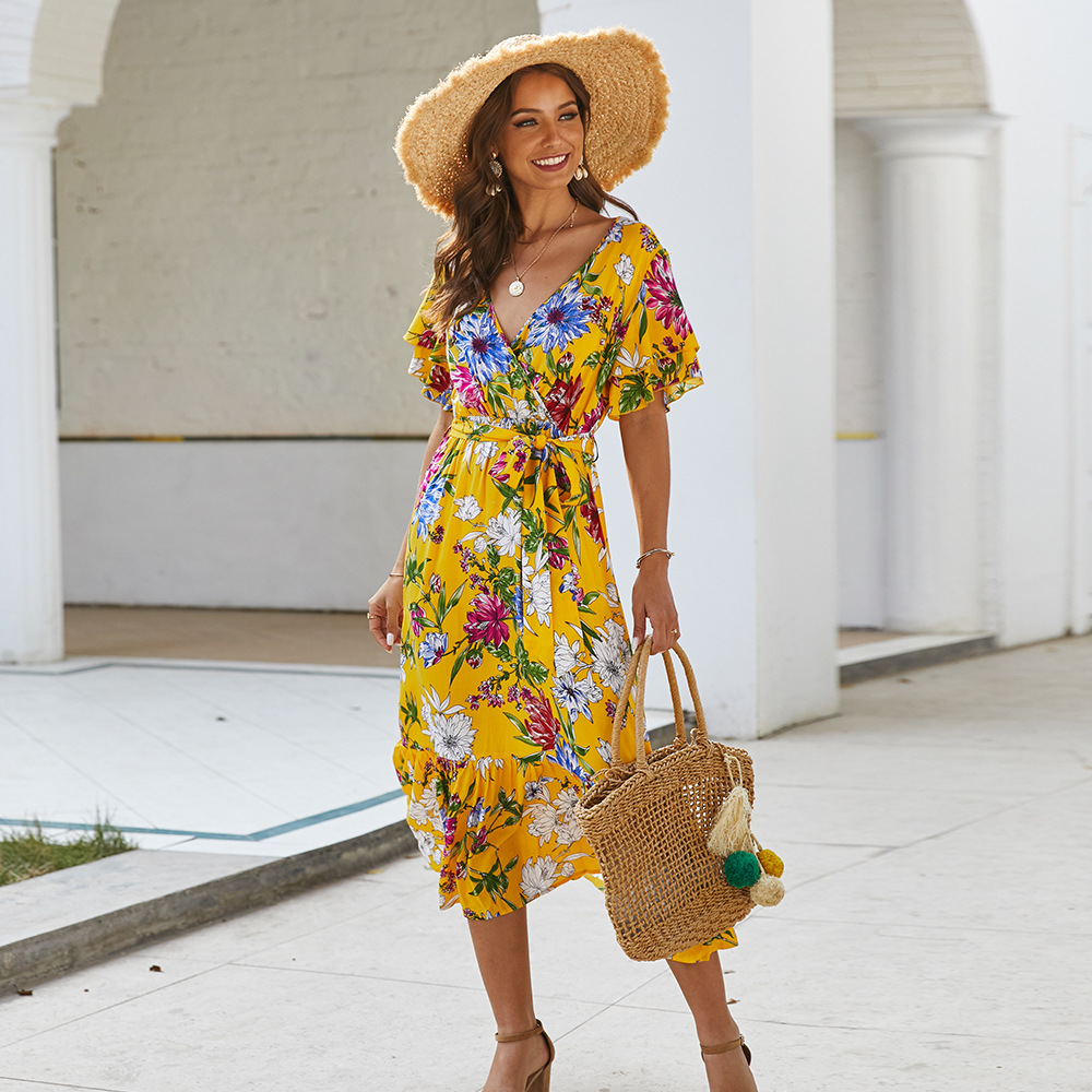 Bohemian Print Tie Front Dress Original Design Spring Summer Style Comfortable Fit Wholesale Available