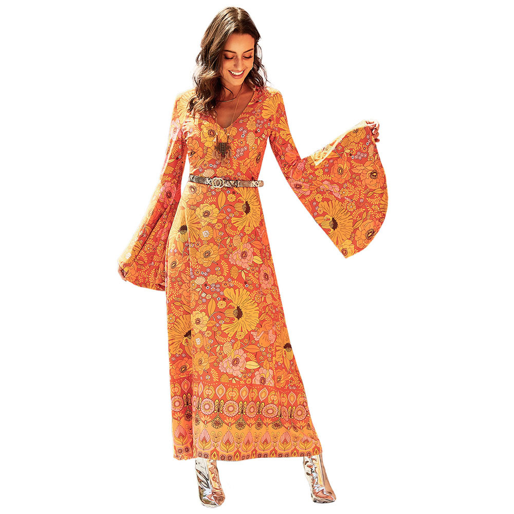 Vintage Floral Long Sleeve Dress Sexy V Neck High Waist Flared Sleeves Elegant Evening Wear Wholesale Available