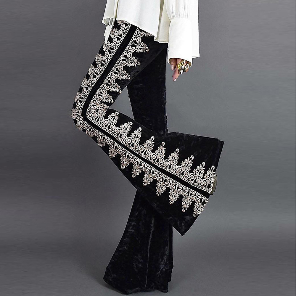 Velvet High Waisted Flare Pants for Women Unique Embroidery Slim Fit Autumn Winter Style Wholesale Available